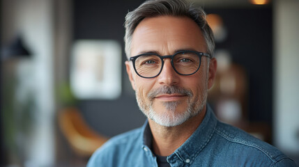 Fototapeta premium A portrait shot of a middle-aged man wearing an eyeglasses ,relaxed and confident, the background is softly blurred.