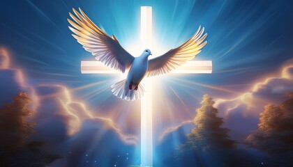 Obraz premium A delicate 3D render of a white dove soaring gracefully above a glowing cross, symbolizing peace, hope, and resurrection with soft light and gentle atmosphere. 