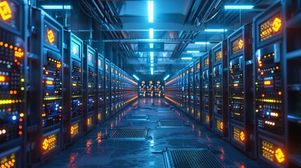 Obraz premium Futuristic Server Room with Data Storage Devices and Network Connections Displayed with Bright Light, Reflecting Floor