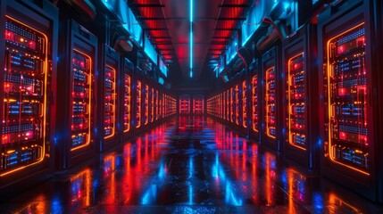 Futuristic server room illuminated with vibrant neon lights in red and blue, reflecting on the polished floor surface of a data center
