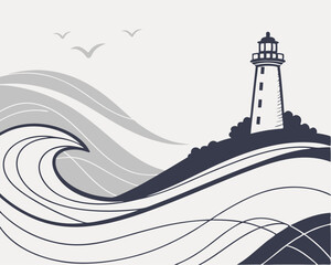 Minimalist vector illustration of a lighthouse on a hill with abstract flowing ocean waves and flying birds. Monochrome black and gray tones emphasize calmness, guidance, and maritime theme.