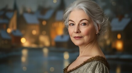 Elegant Senior Woman with Gray Hair in Winter Village Setting
