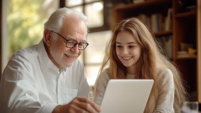 Healthy lifestyle Senior man and young woman using laptop together happily - Powered by Adobe