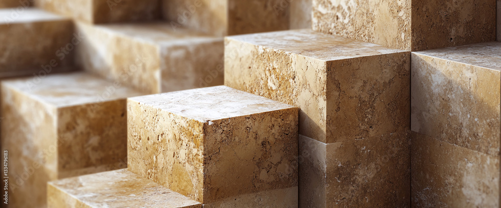 Poster Beige stone cubes texture background, creating a geometric pattern, showcasing a minimalist and modern design, ideal for architecture or product display