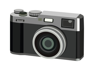 A black and silver vintage photo camera with a white background