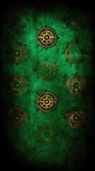 Grunge occult symbols on green cracked background. Could be used as Tarot card back