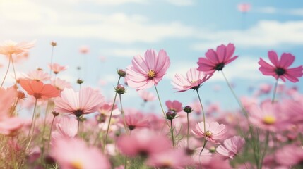 Gentle pink cosmos flowers swaying in a field under the bright blue sky of a sunny day, creating a beautiful and serene scene