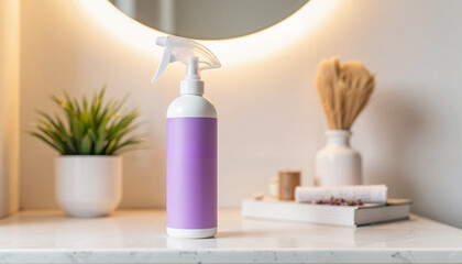 Lavender air freshener bottle on bathroom countertop, home fragrance