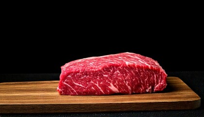 Close up photo of raw wagyu beef on a wooden cutting board with a blurred black background.