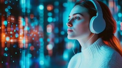 Woman with headphones gazing at a futuristic and blurred background