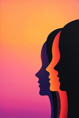 Three female profiles in vibrant colors against a gradient sunset background