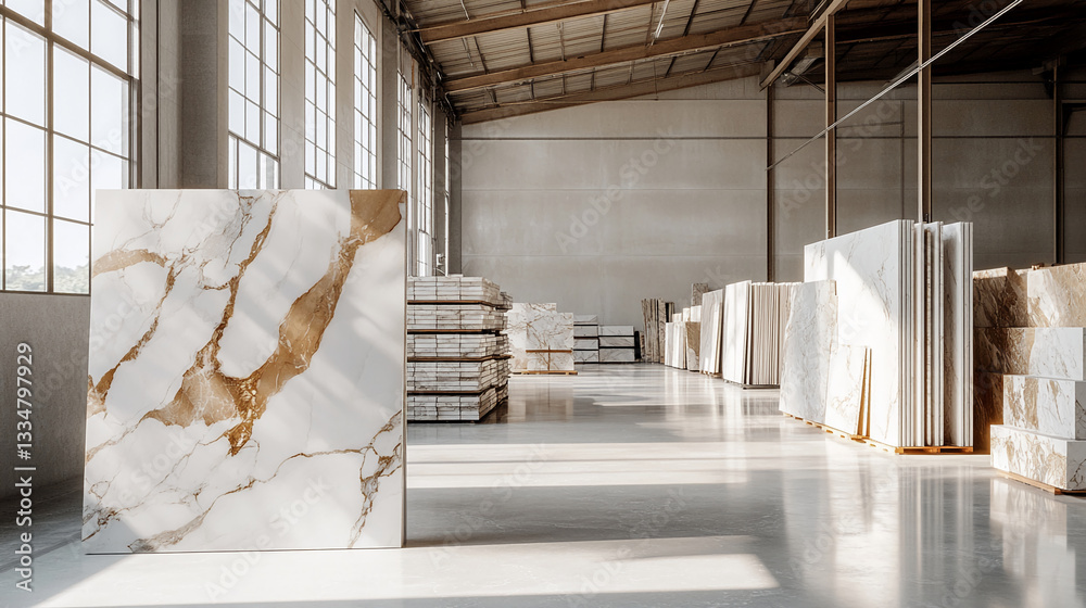 Aufkleber large marble slabs in a warehouse setting, showcasing texture and color variations, representing ele