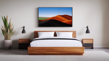 Mockup frame on the wall of a bedroom with a rural aesthetic, featuring a wooden bed, rustic furnishings, and a relaxed, countryside-inspired design.