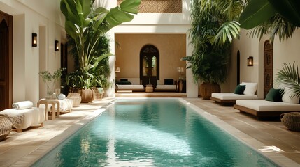 Aesthetic poolside relaxation in summer, summer aesthetic poolside relaxation, luxury aesthetic poolside relaxation in summer. Serene indoor pool with lush greenery.