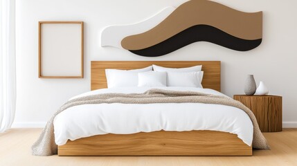 A bedroom with a rural aesthetic, featuring a frame mockup on a wall above a charming wooden bed. The room exudes a rustic vibe with natural textures and earthy tones.