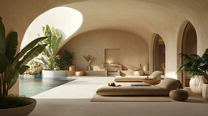 Aesthetic poolside relaxation in summer, summer aesthetic poolside relaxation, luxury aesthetic poolside relaxation in summer. Tranquil interior with relaxing ambiance.