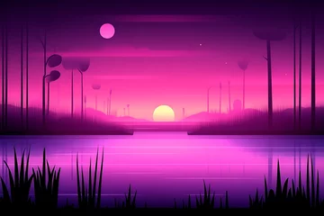 Fotobehang Surreal landscape with neon river at dusk, a whimsical dreamlike world © Kiki