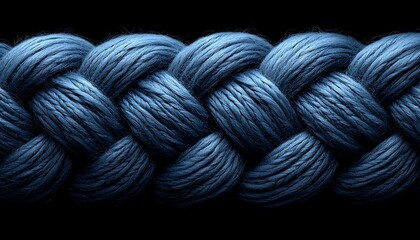 A close up view of a thick blue woven braid