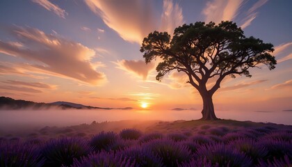 Fototapeta premium Lavender field, tree at sunset - serene, peaceful landscape