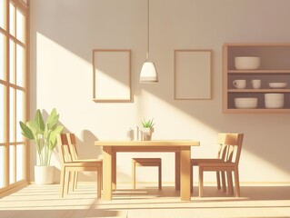 Sunlit Minimalist Dining Room with Wooden Furniture and Plants