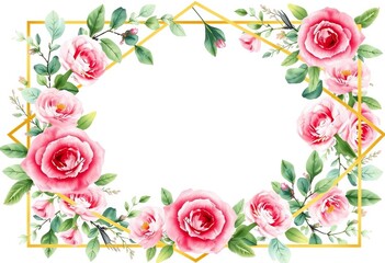 Watercolor floral wreath with pink roses, eucalyptus, green leaves & gold geometric frame Ideal for wedding stationery & backgrounds, summer, art