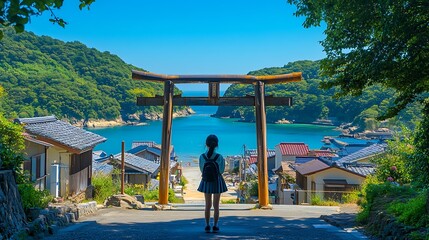 Young Woman at Coastal Japanese Town with Torii Gate and Ocean View