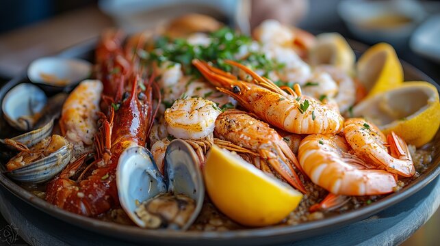 Seafood platter featuring shrimp, lobster, and fresh lemon served in a vibrant restaurant setting