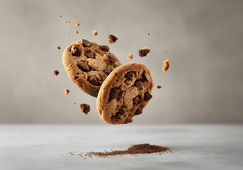 Delicious chocolate chip cookies floating above a sprinkle of cocoa powder