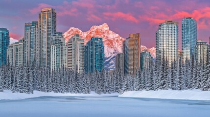 Fototapeta premium Winter Cityscape: Frozen Lake, Skyscrapers, Mountains