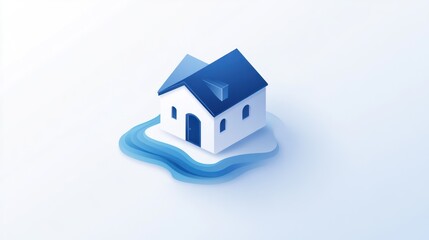 Isometric house, blue water, white background, home purchase, real estate