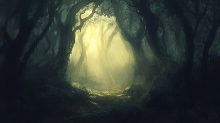 Majestic Sunlight Piercing Through Misty Dark Forest Landscape