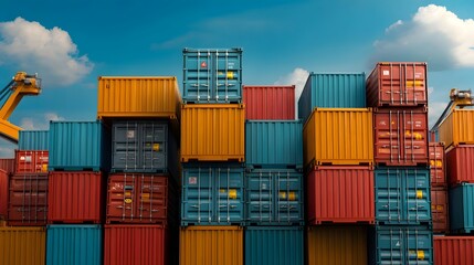 Fototapeta premium A vibrant urban landscape filled with rows of colorful shipping containers stacked high at a busy maritime port with industrial cranes and working to load and unload cargo for global distribution