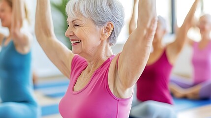 Happy senior woman in a fitness class, arms raised.
