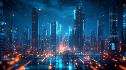 Fototapeta premium Futuristic cityscape illuminated by vibrant lights and towering skyscrapers at night