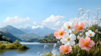 A breathtaking landscape featuring a lush colorful floral garden blooming along the shores of a serene mountain lake with majestic snow capped peaks in the distance