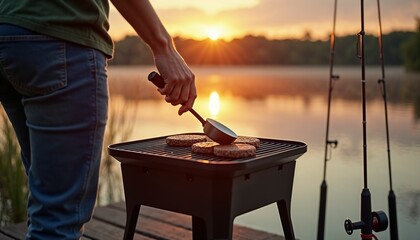Peaceful Lakeside Grilling and Fishing Scene at Golden Hour