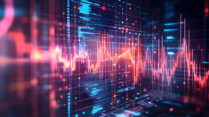 A computer screen with a blue background and orange and red lines. The lines are in different colors and are arranged in a grid. Concept of technology and complexity, with the various colors