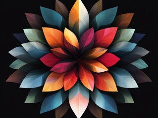 Chromatic Bloom: An Abstract Floral Design with Vibrant Petals and Symmetrical Gradient Tones on Black Backdrop, Modern Decorative Art