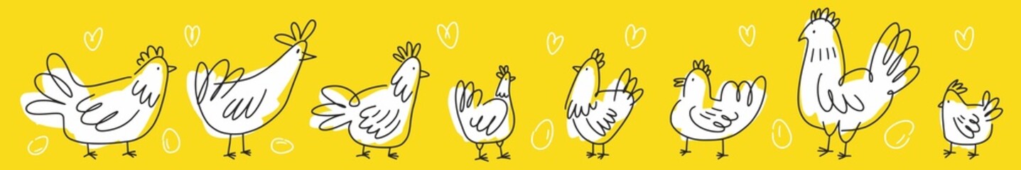 Vector horizontal collection of chickens drawn in thin line in doodle style