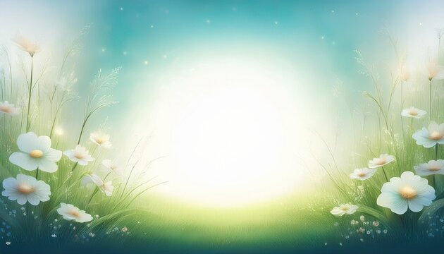 A gentle 3D render of a watercolor-style meadow with soft wildflowers and grasses, featuring a glowing white space in the center for personalized text or messages, bathed in warm, natural light.