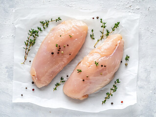 Two raw chicken fillets on white paper with thyme, top view. Fresh meat for cooking and a healthy food concept.