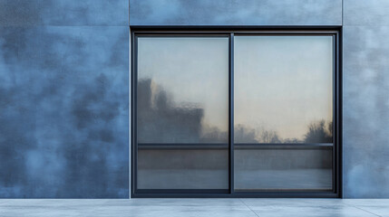 a modern window that stands for sale in a hardware store. On a gray background, only the window that stands on a pallet or rack for sale.