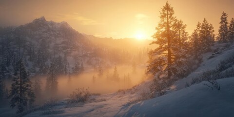 Snow-dusted peaks glow warmly under a cloudy sky. A tranquil mountainscape with fog and snow-laden trees creates a serene, breathtaking vista