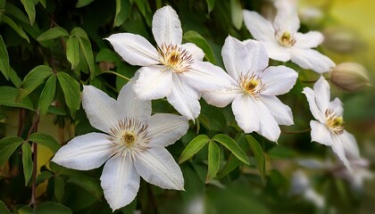 Fototapeta premium White clematis flowers in summer garden, vertical frame- 27199