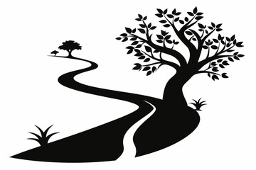 a tree that grows from a path line art silhouette vector illustration