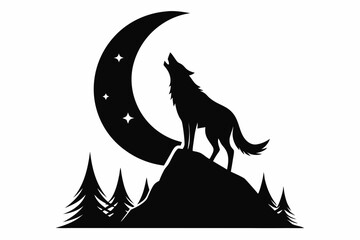 a wolf howling at a crescent moon with a mountain line art silhouette vector illustration