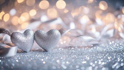 Naklejka premium Sparkling Silver Hearts on Glittering Background Romantic Valentine s Day or Wedding Decor