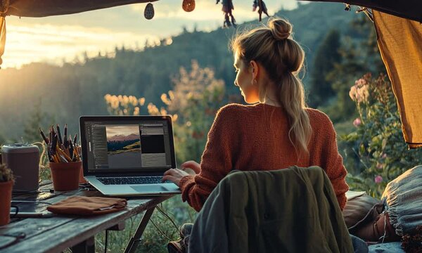 Woman working on a laptop at a campsite during sunset, surrounded by nature's beauty