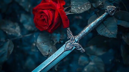 Stunning Red Rose and Silver Sword Elegantly Combined