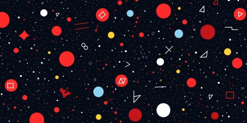 Colorful geometric shapes are scattered across a dark blue background